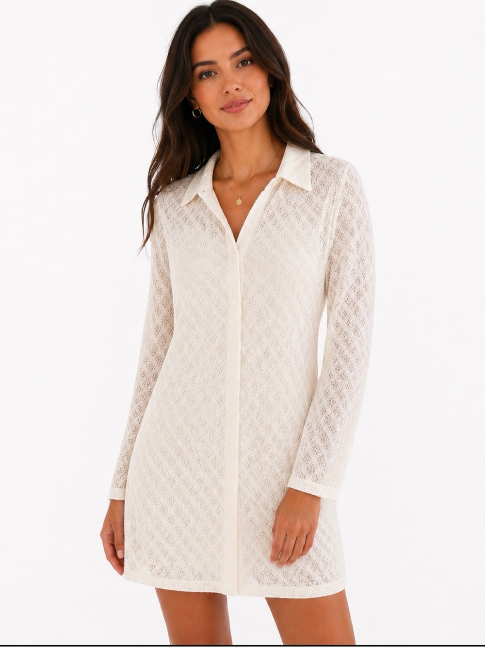 Sadie & Sage Cream Lace Long-Sleeve Shirt Dress